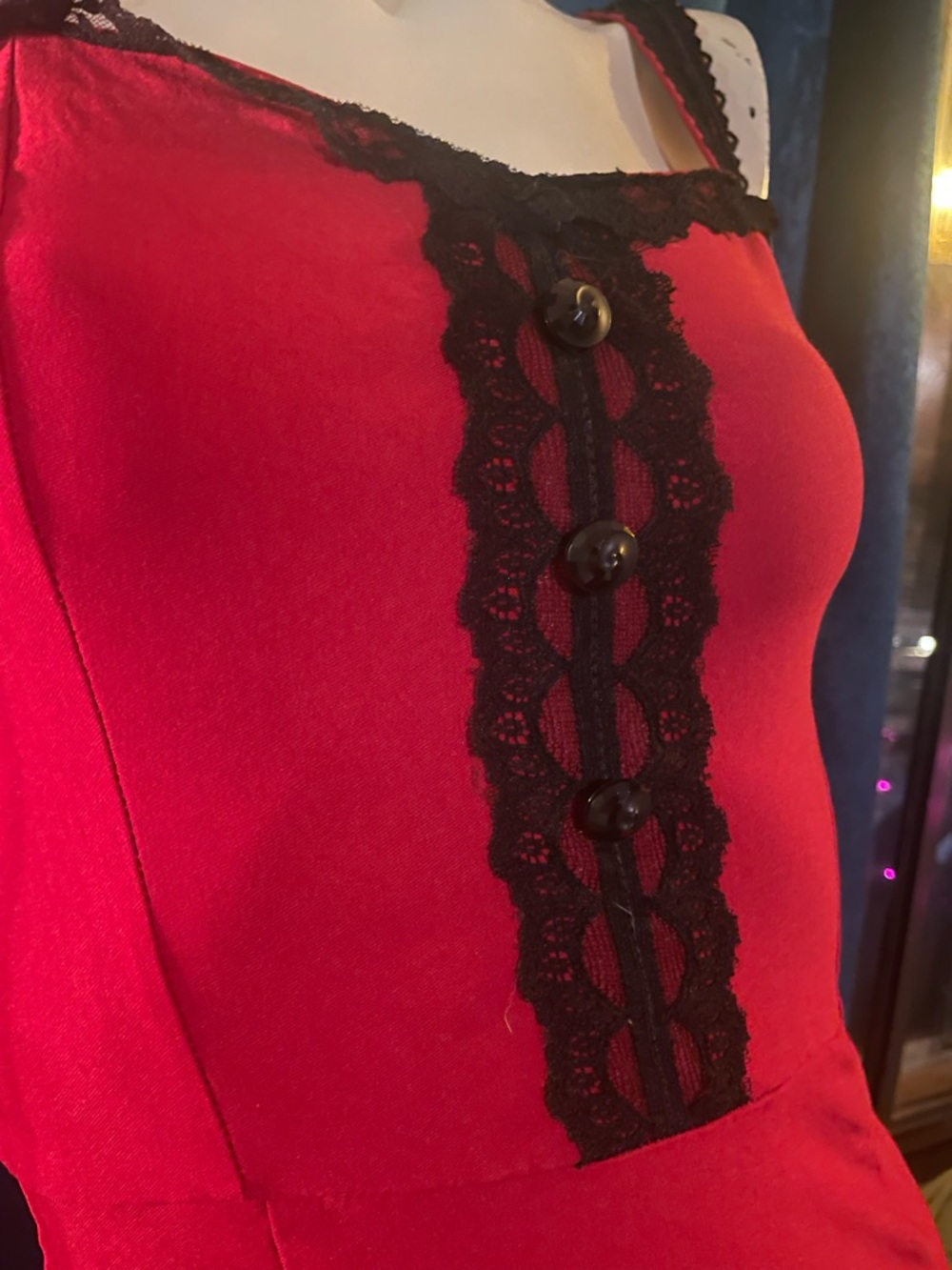 Red SWITCHBLADE STILETTO Midi pencil Dress with Black Lace Trim & flared bottom - Picture 8 of 10